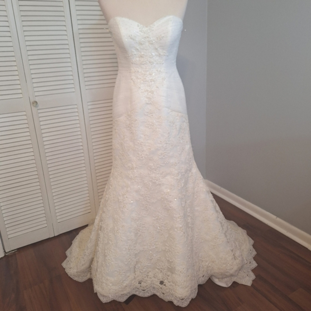 Oleg cassino  strapless sweetheart lace trumpet wedding dress gown sz 6P - Picture 2 of 12